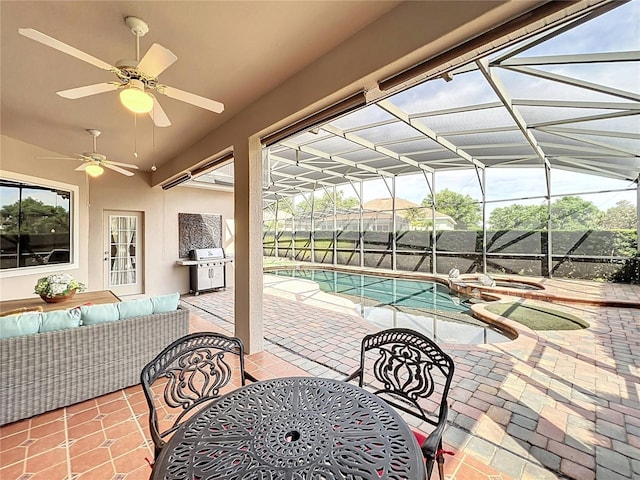 1473 Lakemist Ln, Clermont, FL 34711 - view of patio featuring area for grilling, outdoor dining area, a hot tub, a fenced in pool, and an outdoor hangout area