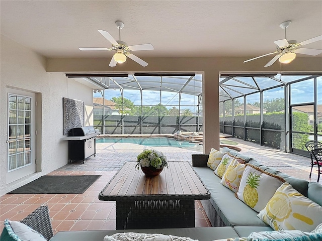 1473 Lakemist Ln, Clermont, FL 34711 - view of patio with a ceiling fan, a lanai, an outdoor living space, and area for grilling