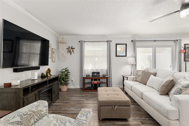 living area featuring a ceiling fan, ornamental molding, dark wood finished floors, and a textured ceiling