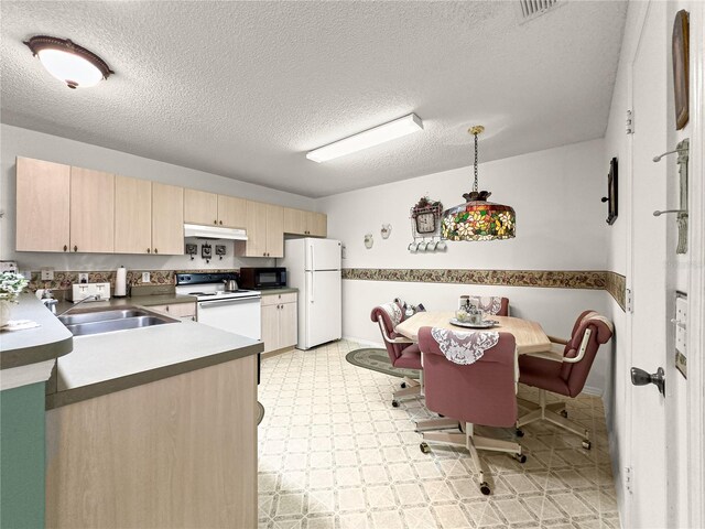 2102 Estevez Dr, Lady Lake, FL 32159 - kitchen with white appliances, light brown cabinetry, under cabinet range hood, a sink, and light floors