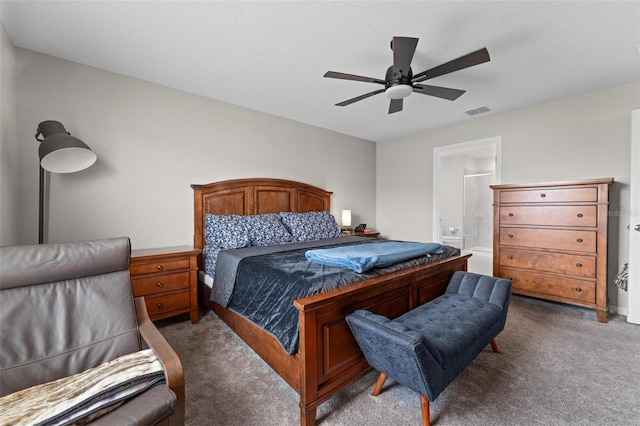 5354 Travertine St, Mount Dora, FL 32757 - bedroom featuring visible vents, carpet flooring, connected bathroom, and ceiling fan