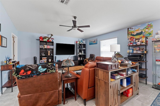 5354 Travertine St, Mount Dora, FL 32757 - living area featuring light tile patterned floors, ceiling fan, and visible vents