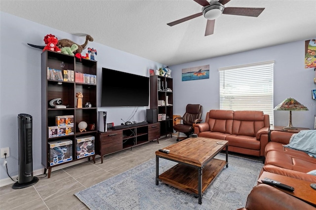 5354 Travertine St, Mount Dora, FL 32757 - tiled living area with a textured ceiling, ceiling fan, and baseboards