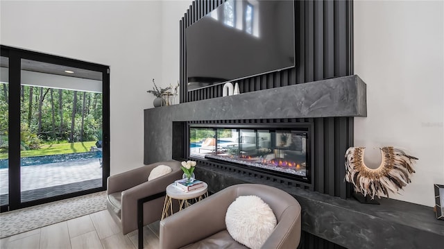 interior space featuring a multi sided fireplace