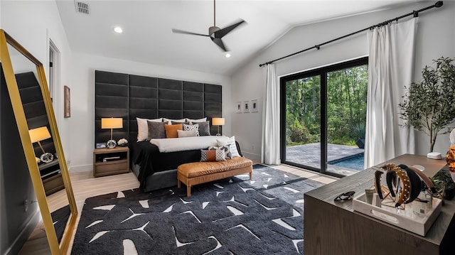 bedroom with visible vents, lofted ceiling, access to exterior, baseboards, and recessed lighting
