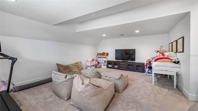 living room with carpet floors, baseboards, recessed lighting, a textured ceiling, and vaulted ceiling