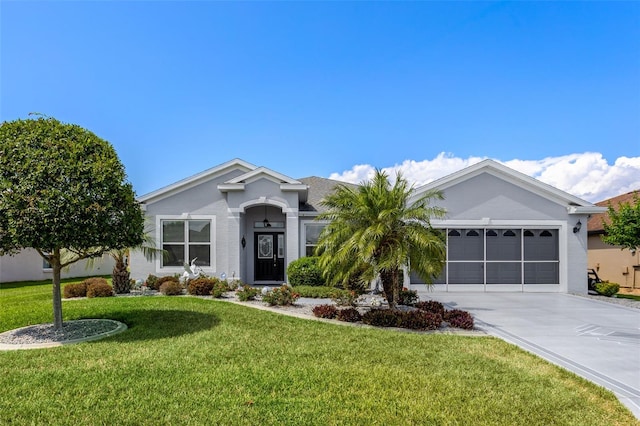 ranch-style home featuring an attached garage, concrete driveway, stucco siding, and a front yard