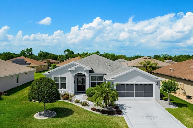 ranch-style house with an attached garage, concrete driveway, stucco siding, and a front lawn