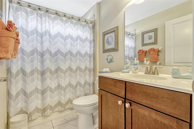 bathroom featuring vanity, marble finish floor, toilet, and a shower with curtain