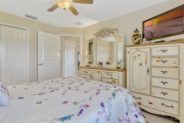 bedroom with a ceiling fan, visible vents, and a closet