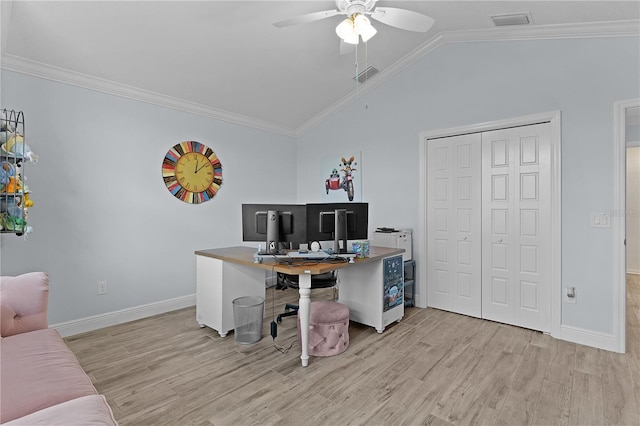 2129 Landrea Loop, The Villages, FL 32163 - home office with crown molding, ceiling fan, wood finished floors, lofted ceiling, and visible vents
