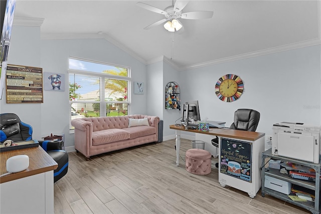2129 Landrea Loop, The Villages, FL 32163 - office featuring wood finished floors, a ceiling fan, lofted ceiling, and ornamental molding