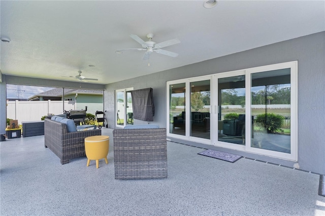 2129 Landrea Loop, The Villages, FL 32163 - view of patio / terrace with ceiling fan, fence, and an outdoor living space