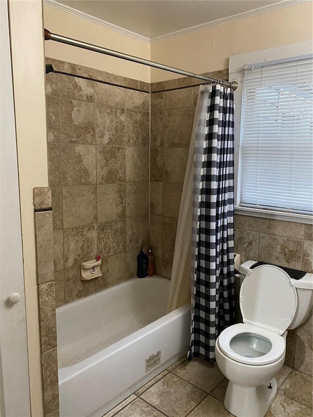 bathroom with crown molding, shower / tub combo with curtain, tile patterned flooring, and toilet