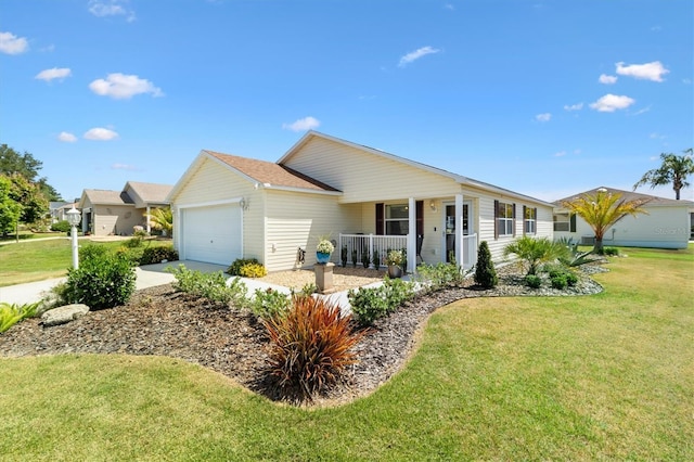 ranch-style house featuring an attached garage, concrete driveway, a porch, and a front lawn