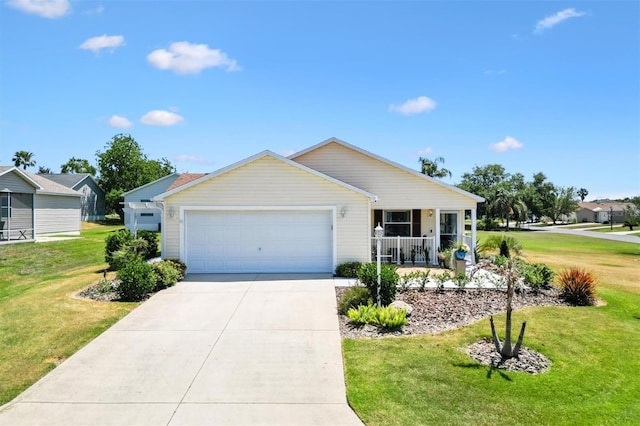 ranch-style house with a porch, an attached garage, and a front yard