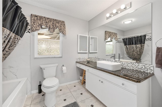full bath featuring toilet, a textured ceiling, a bathtub, marble finish floor, and a shower with curtain