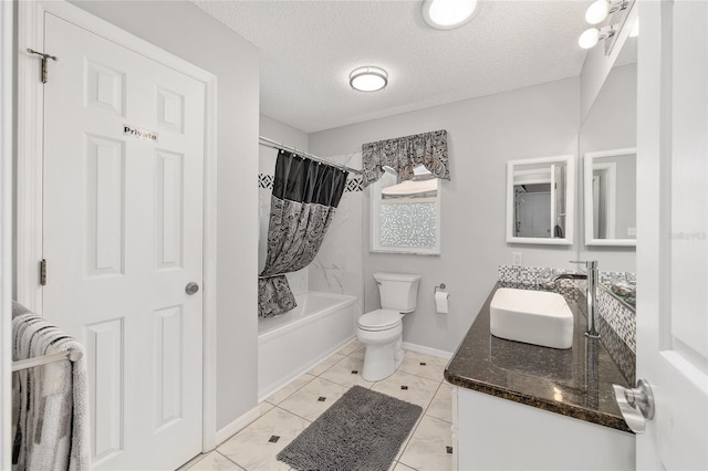 bathroom featuring a sink, double vanity, toilet, a textured ceiling, and shower / bathtub combination with curtain