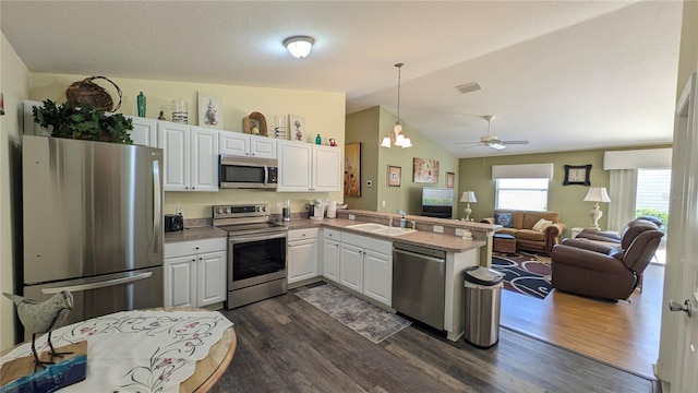 kitchen featuring a sink, dark wood finished floors, appliances with stainless steel finishes, and a peninsula