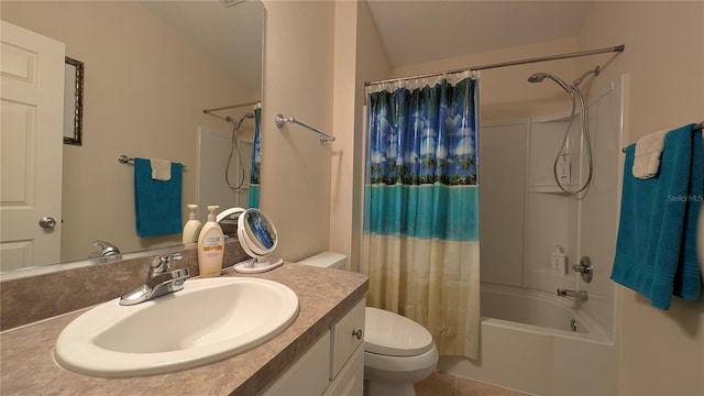 bathroom with toilet, tile patterned floors, shower / bath combination with curtain, and vanity