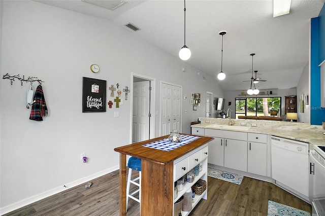 kitchen featuring white dishwasher, vaulted ceiling, dark wood finished floors, and a sink
