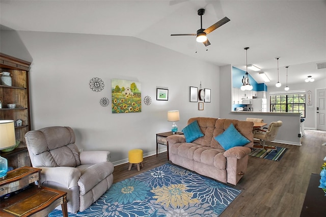living room with ceiling fan, dark wood finished floors, baseboards, lofted ceiling, and visible vents