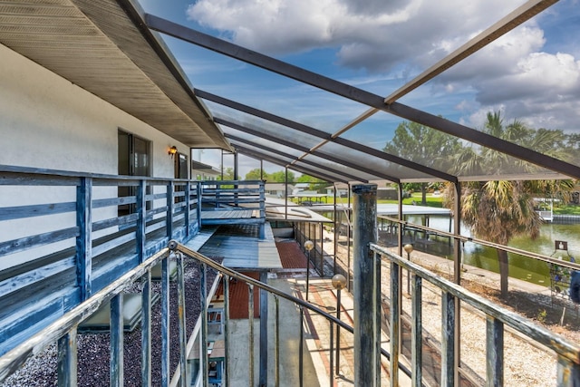 exterior space with a water view