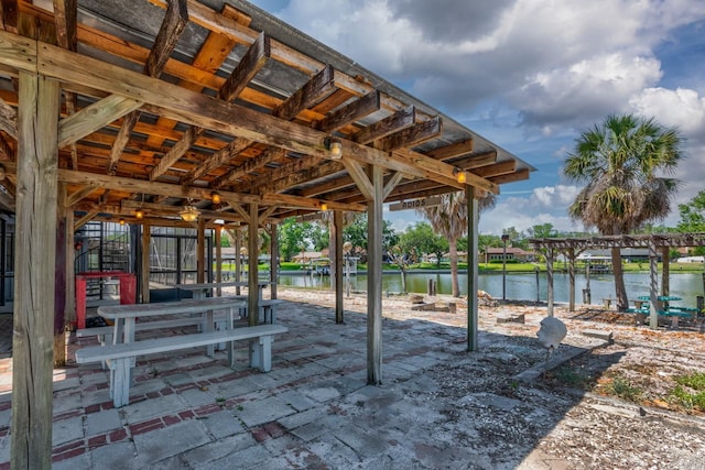 view of patio / terrace featuring a water view