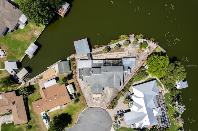 drone / aerial view featuring a water view