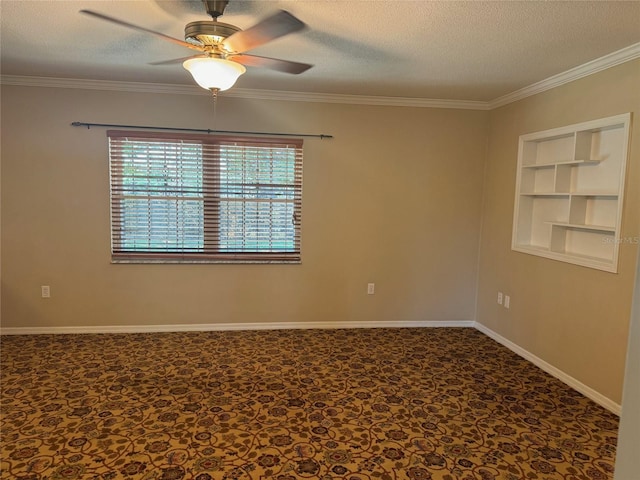 carpeted empty room featuring crown molding, plenty of natural light, and a textured ceiling