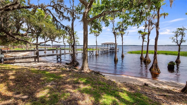 view of dock with a water view