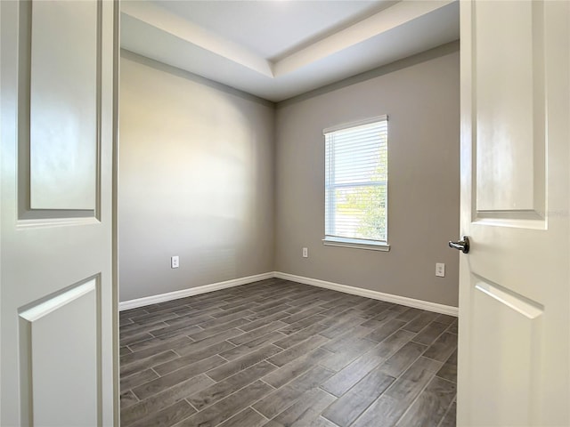 empty room featuring wood tiled floors, baseboards, and a tray ceiling