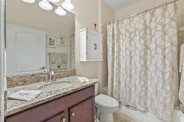 full bathroom with toilet, vanity, and shower / bathtub combination with curtain