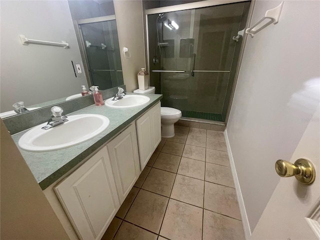 full bath featuring tile patterned floors, a shower stall, toilet, double vanity, and baseboards