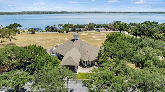 drone / aerial view with a water view