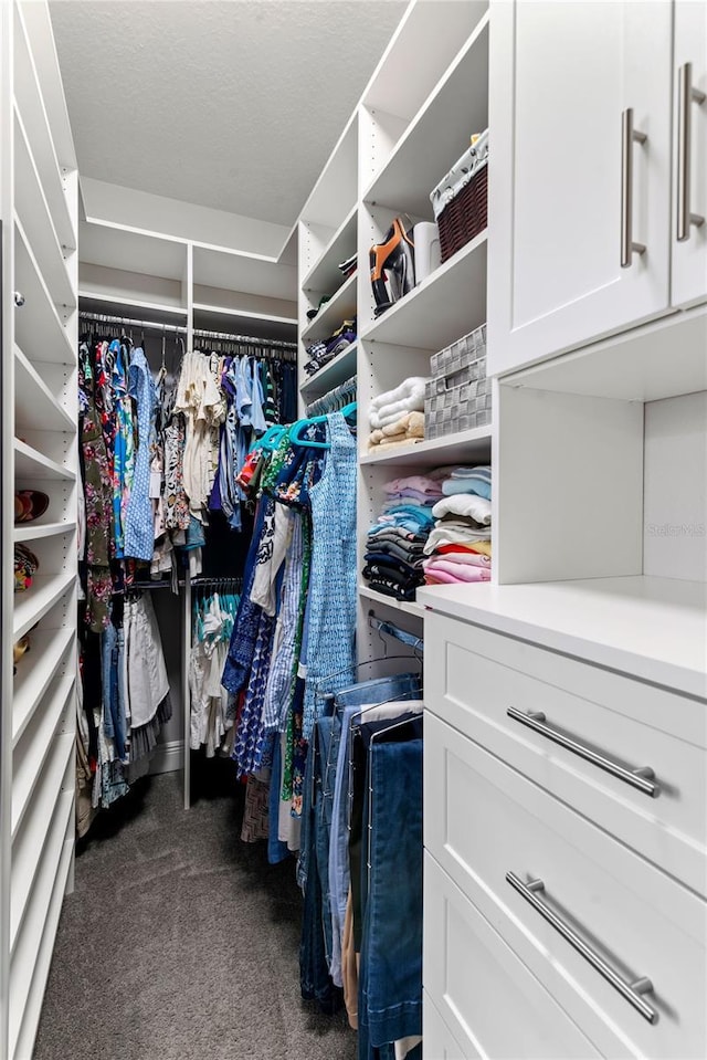 walk in closet with dark carpet