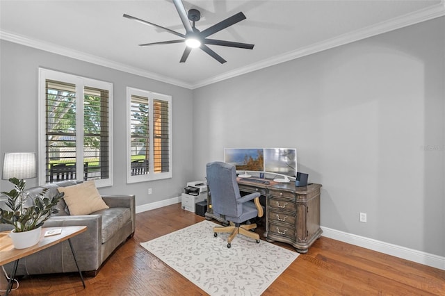 office with crown molding, baseboards, and wood finished floors