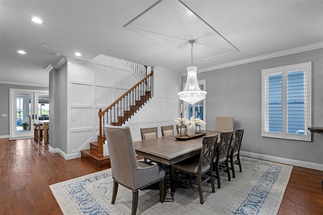 dining room featuring baseboards, ornamental molding, recessed lighting, and stairway