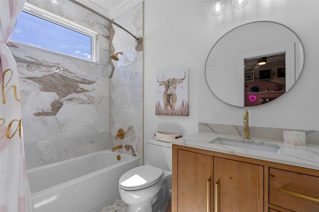 bathroom with toilet, shower / bath combo, and vanity