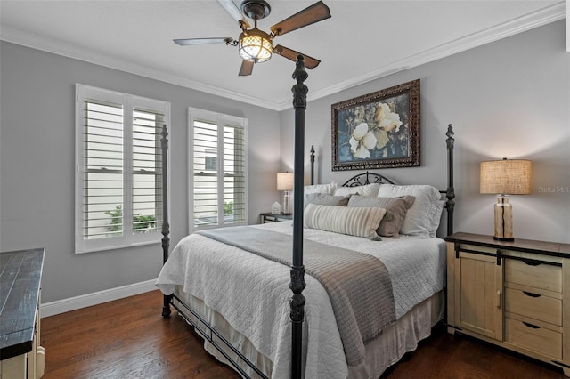 bedroom with crown molding, baseboards, ceiling fan, and dark wood-type flooring