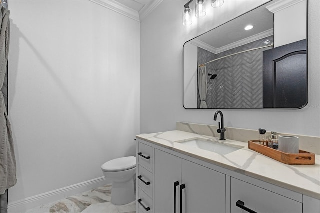 full bath with curtained shower, vanity, toilet, marble finish floor, and ornamental molding