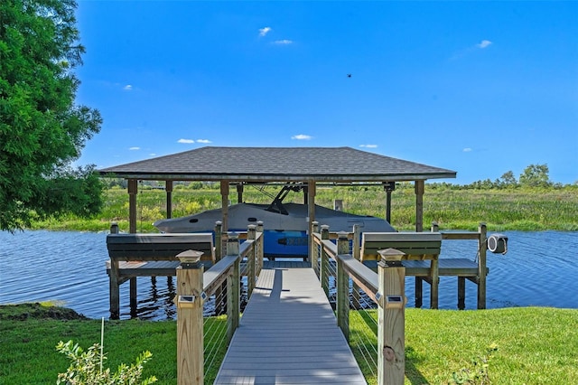view of dock with a water view
