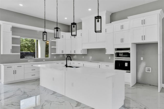 kitchen featuring recessed lighting, open shelves, a sink, and double oven