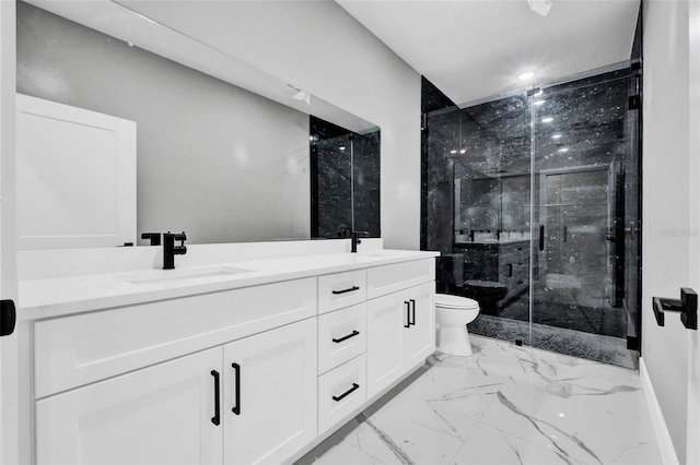 full bathroom with toilet, a marble finish shower, a sink, and marble finish floor