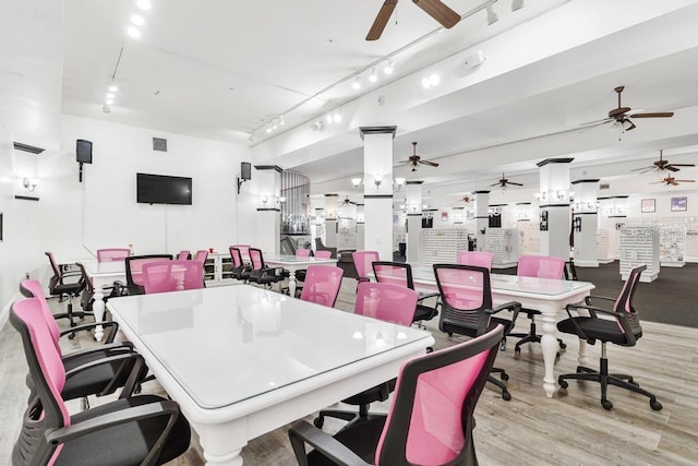 dining space featuring visible vents, light wood-style flooring, ceiling fan, and track lighting
