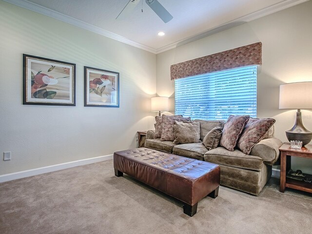 3775 Brantley Place Cir, Apopka, FL 32703 - carpeted living area with ornamental molding, ceiling fan, and baseboards