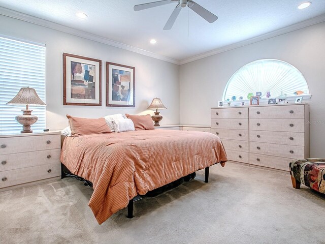 3775 Brantley Place Cir, Apopka, FL 32703 - bedroom with light carpet, multiple windows, crown molding, recessed lighting, and ceiling fan