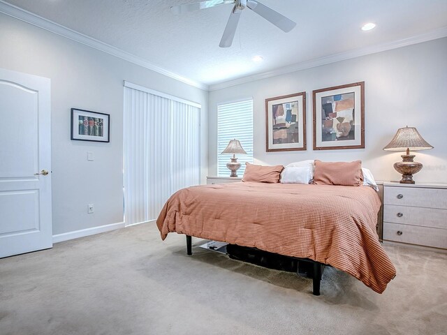3775 Brantley Place Cir, Apopka, FL 32703 - bedroom featuring ornamental molding, light carpet, baseboards, a ceiling fan, and recessed lighting