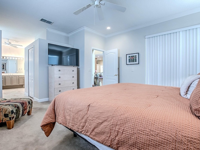 3775 Brantley Place Cir, Apopka, FL 32703 - bedroom with light colored carpet, ornamental molding, a ceiling fan, baseboards, and ensuite bath