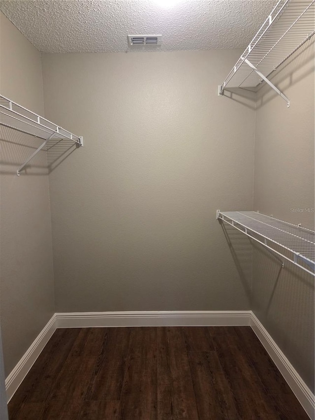 spacious closet with dark wood-style floors